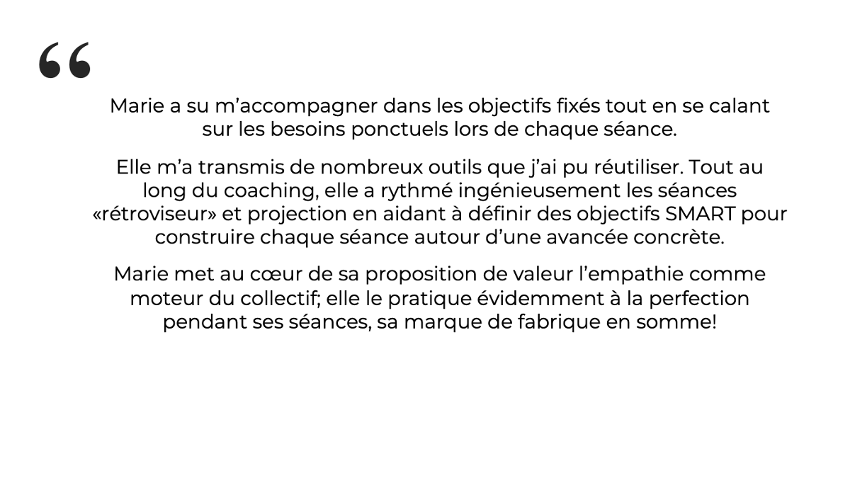 Marie-Line, Directrice Générale Marie met au cœur de sa proposition de valeur l’empathie comme moteur du collectif; elle le pratique évidemment à la perfection pendant ses